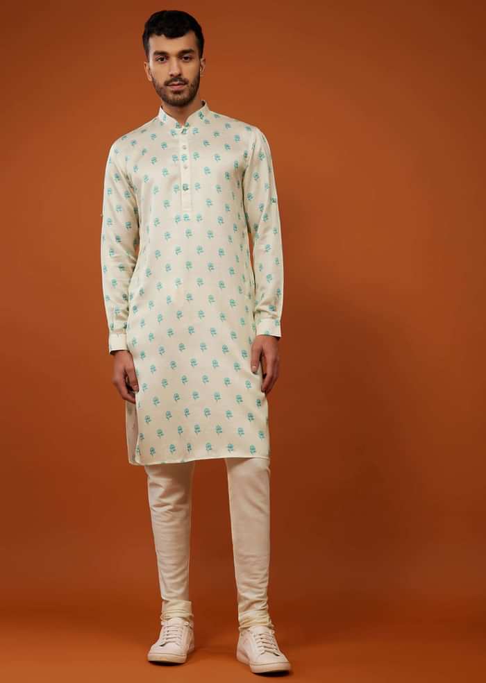 Beige White Bandi Jacket Set With Blue Floral Print In Cotton Silk