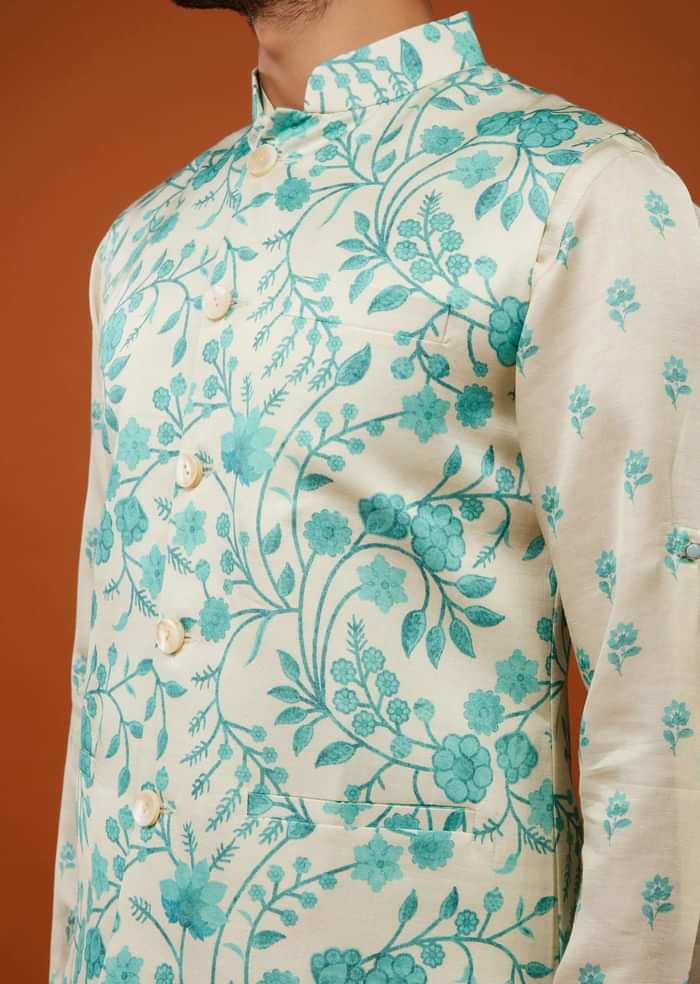 Beige White Bandi Jacket Set With Blue Floral Print In Cotton Silk