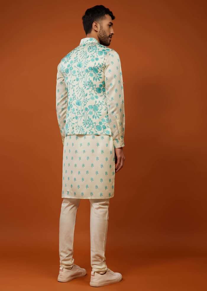 Beige White Bandi Jacket Set With Blue Floral Print In Cotton Silk