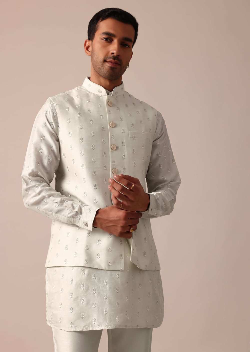 Pristine White Silk Jacket Kurta Set