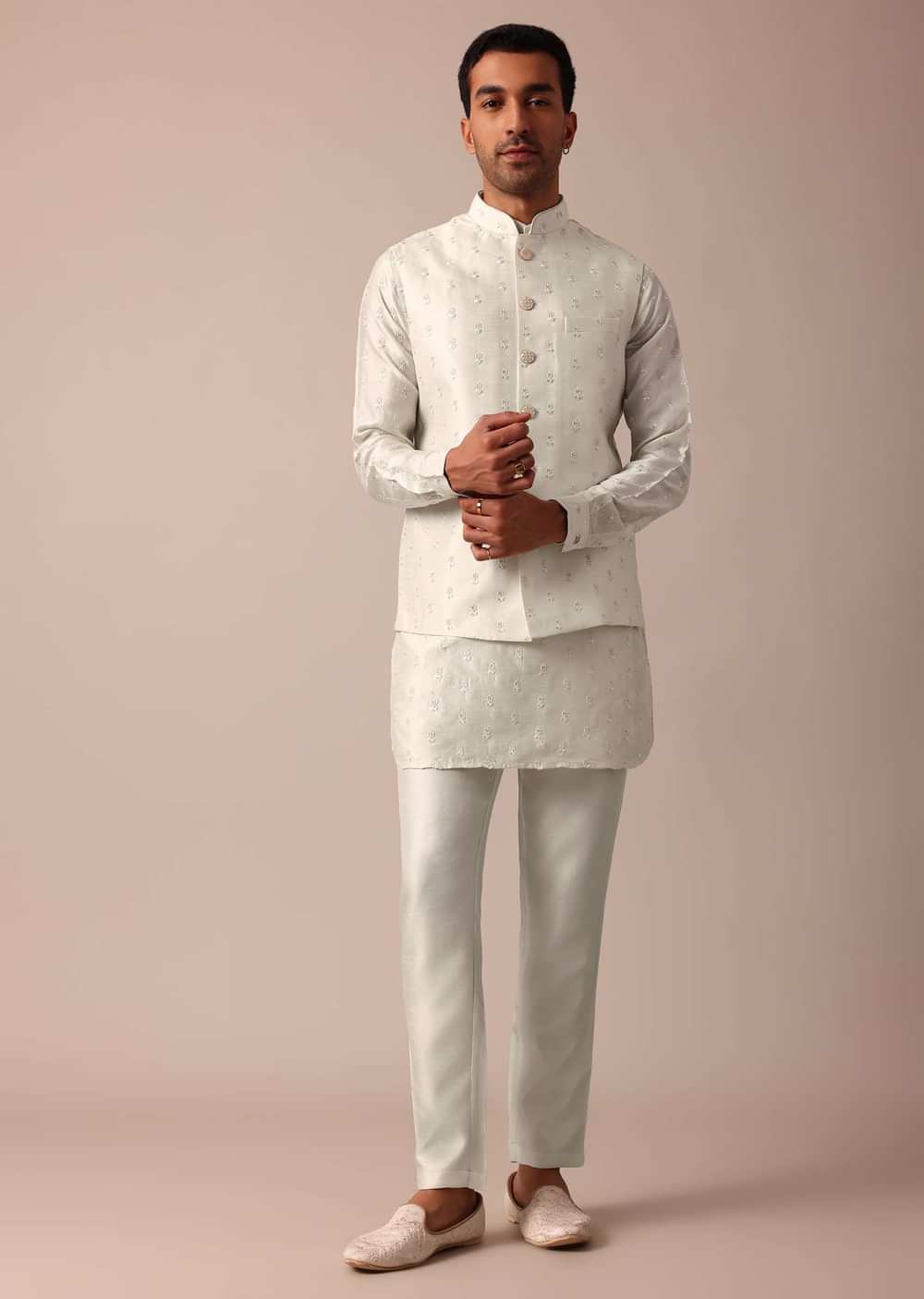 Pristine White Silk Jacket Kurta Set