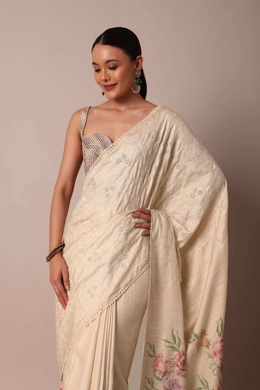 Pristine White Silk Saree With Floral Cutwork And Printed Pallu