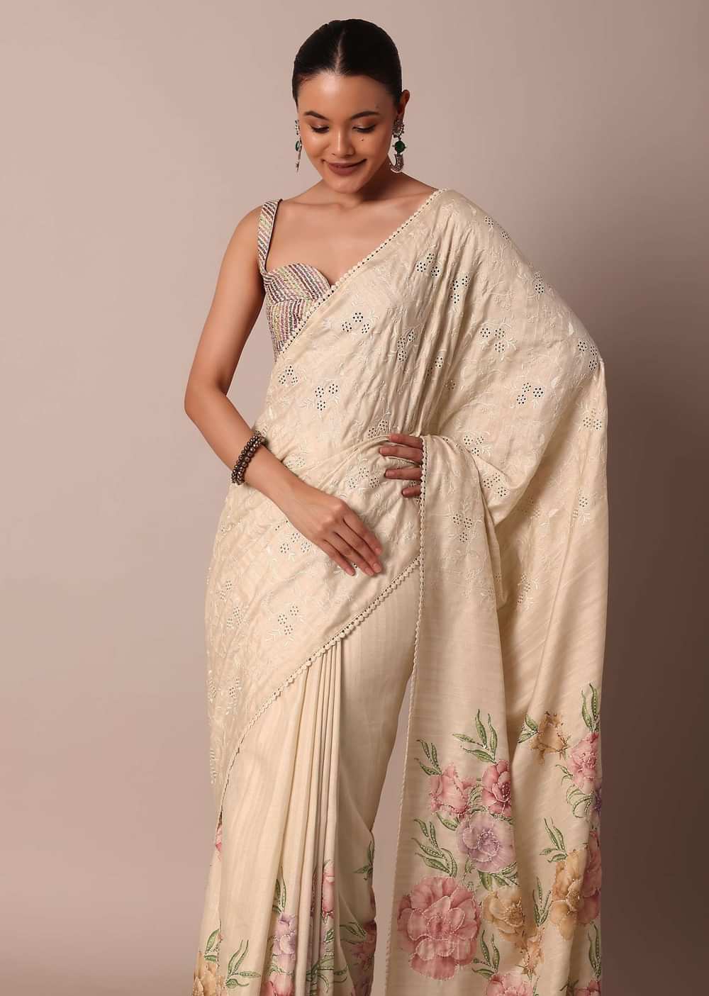 Pristine White Silk Saree With Floral Cutwork And Printed Pallu