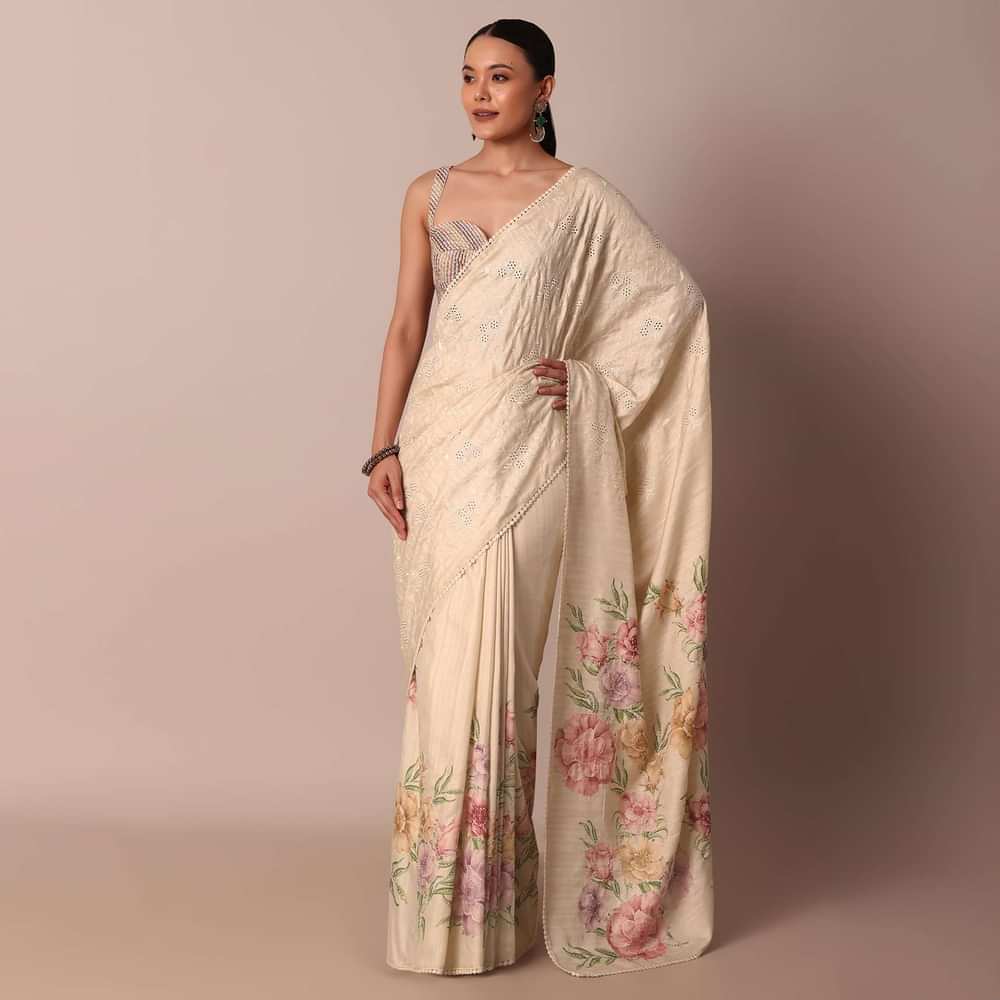 Pristine White Silk Saree With Floral Cutwork And Printed Pallu