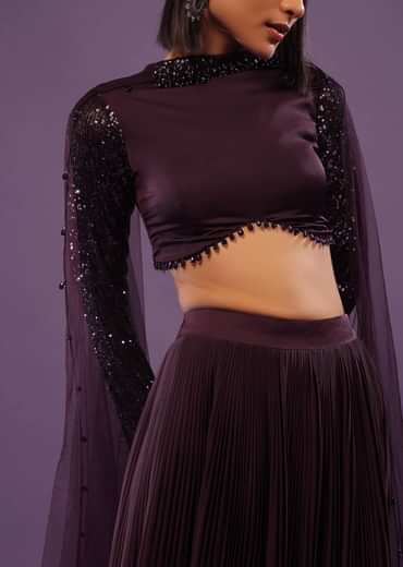 Wine Purple Embroidered Lehenga Set In Satin