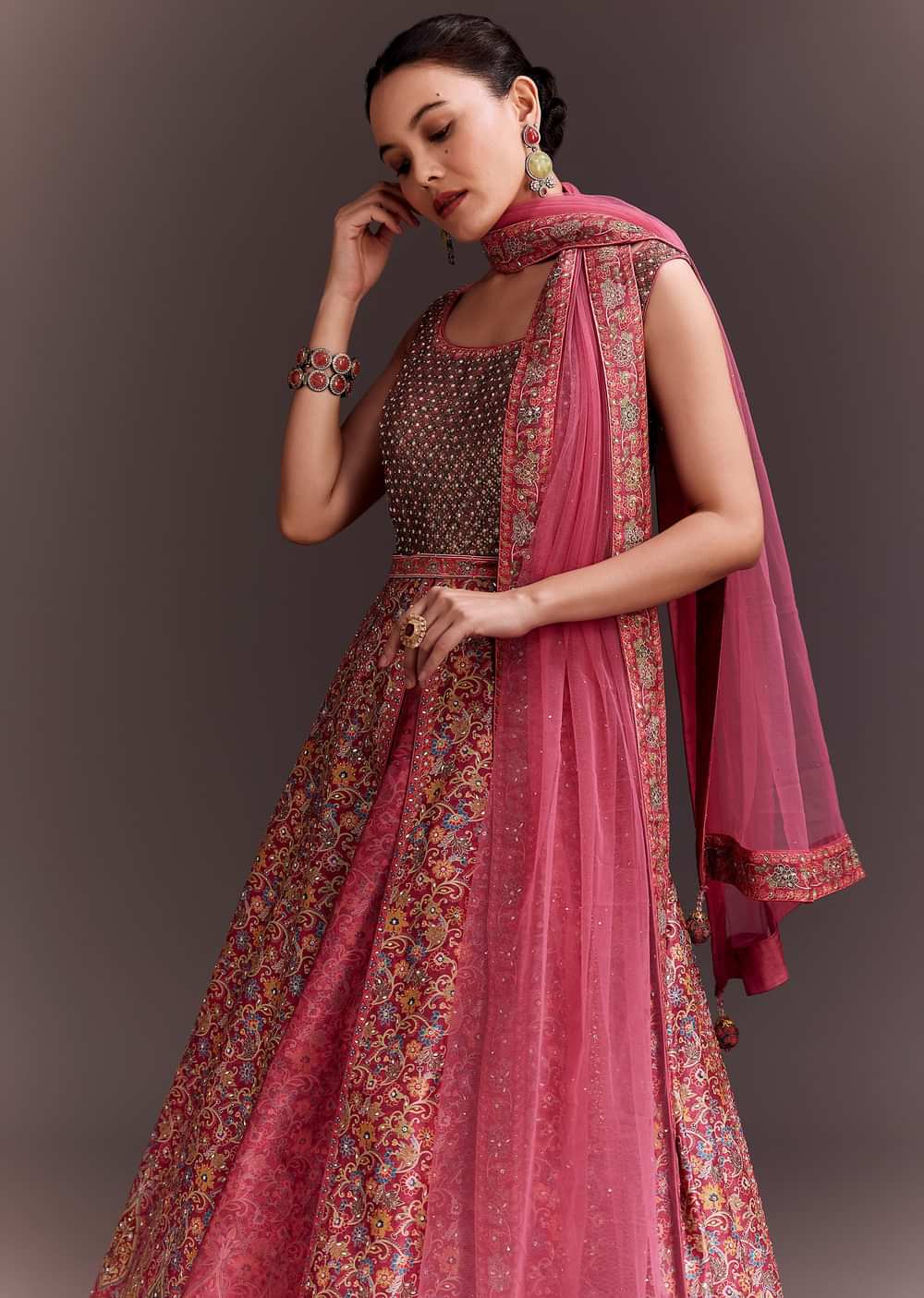 Punch Pink Embroidered Anarkali With Net Dupatta