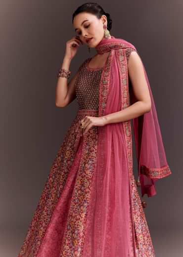 Punch Pink Embroidered Anarkali With Net Dupatta
