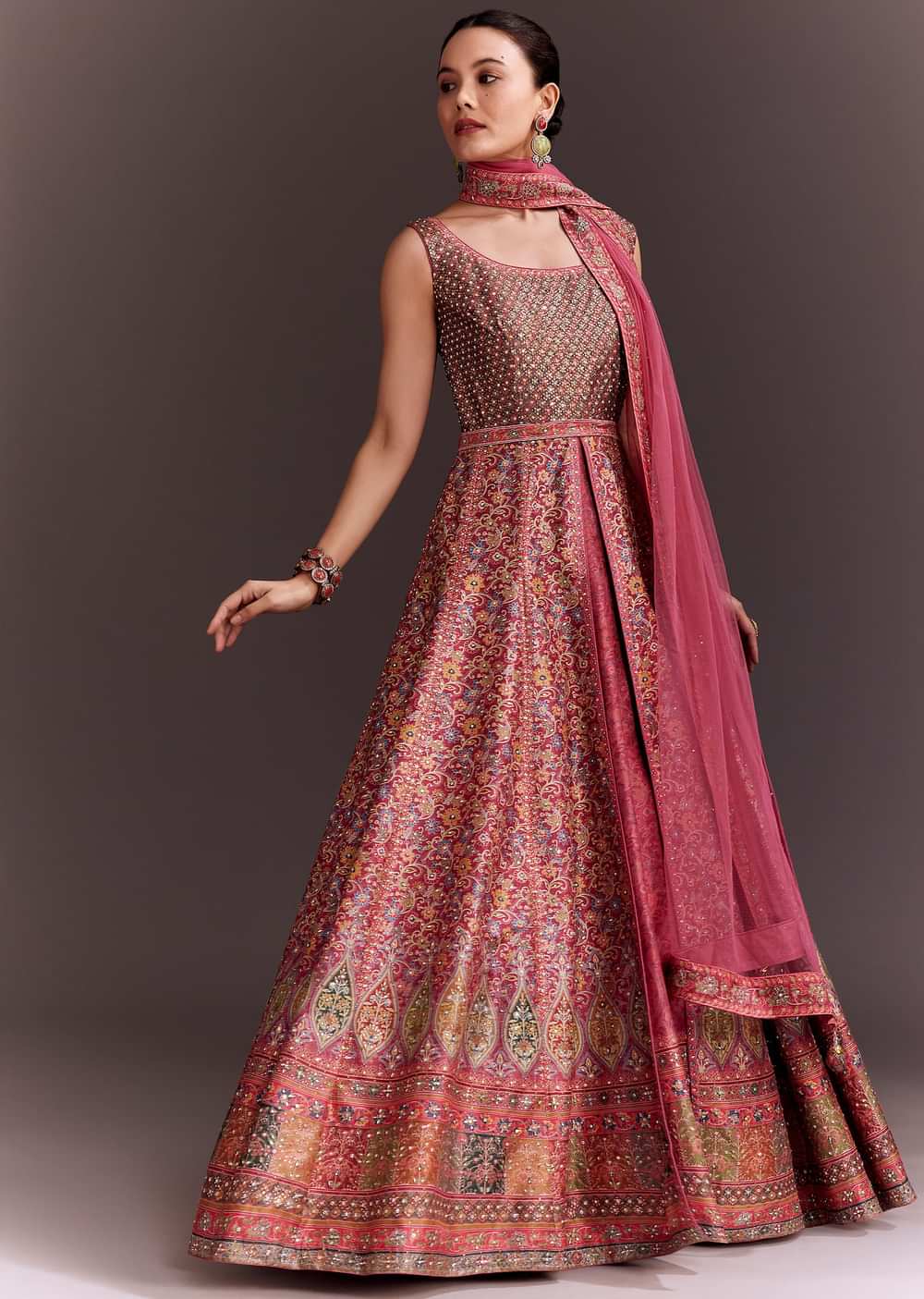 Punch Pink Embroidered Anarkali With Net Dupatta