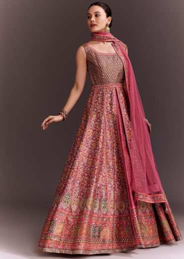 Punch Pink Embroidered Anarkali With Net Dupatta