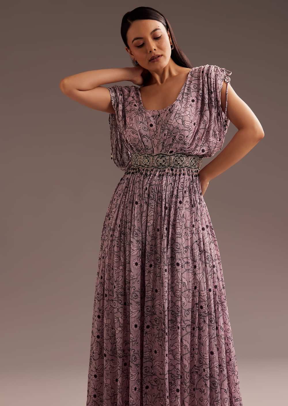 Purple Abstract Print Resham Sequins Work Jumpsuit