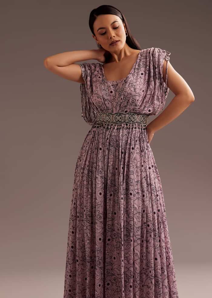 Purple Abstract Print Resham Sequins Work Jumpsuit