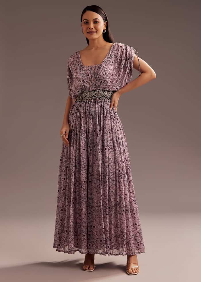 Purple Abstract Print Resham Sequins Work Jumpsuit