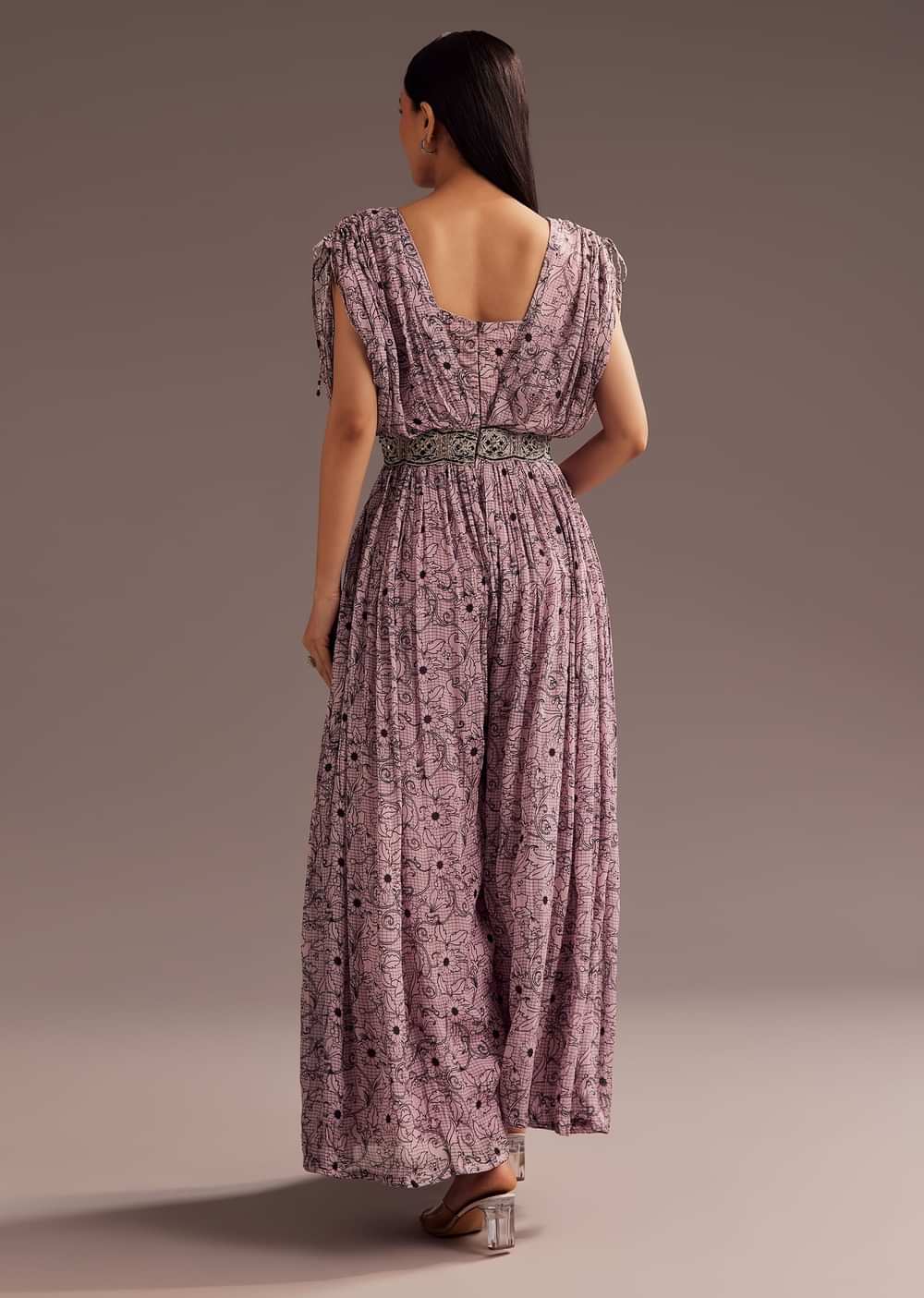 Purple Abstract Print Resham Sequins Work Jumpsuit