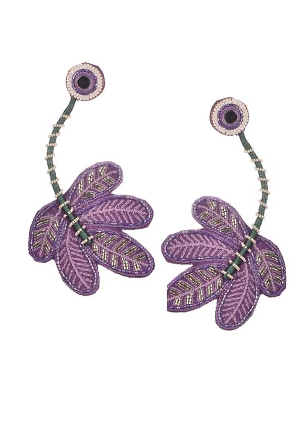 Purple And White Hand Embroidered Thread And Beaded Boho Dangler Earrings Purple And White Hand Embroidered Thread And Beaded Boho Dangler Earrings