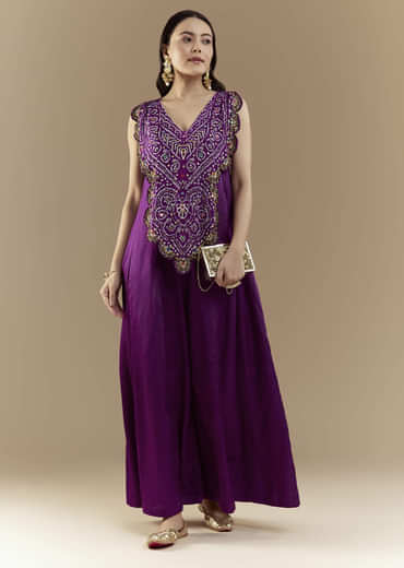 Purple Bandhani with Sequins Work Silk Jumpsuit
