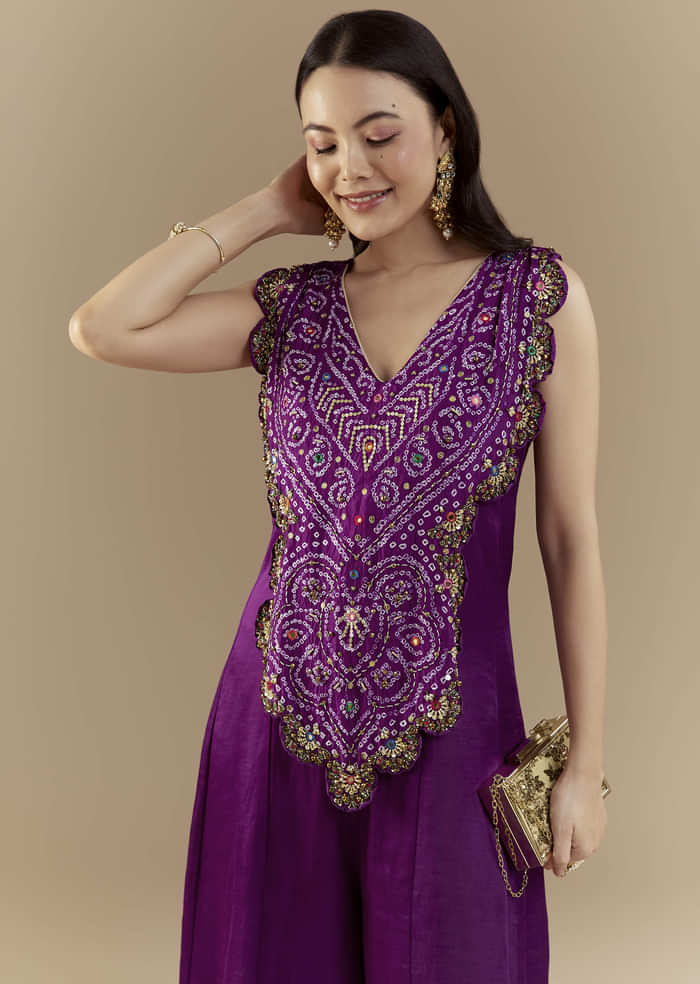 Purple Bandhani with Sequins Work Silk Jumpsuit