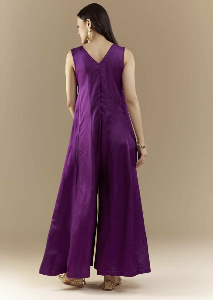 Purple Bandhani with Sequins Work Silk Jumpsuit