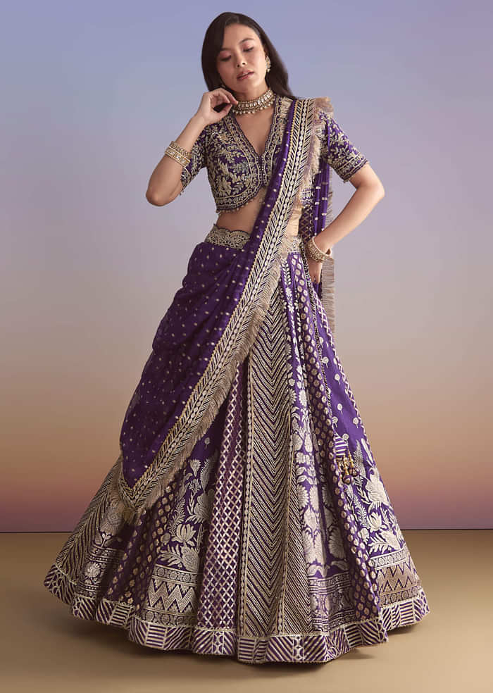 Purple Brocade Silk Bridesmaid Lehenga With Zardosi Work