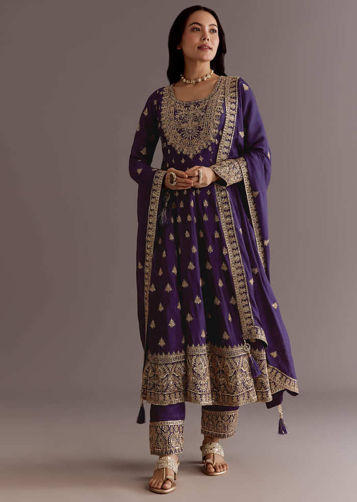 Purple Chinon Anarkali Dupatta Suit With Sequin Work