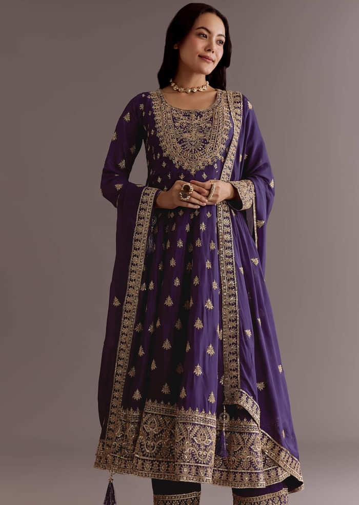 Purple Chinon Anarkali Dupatta Suit With Sequin Work
