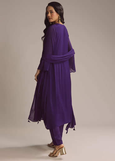 Purple Chinon Anarkali Suit With Zari Work