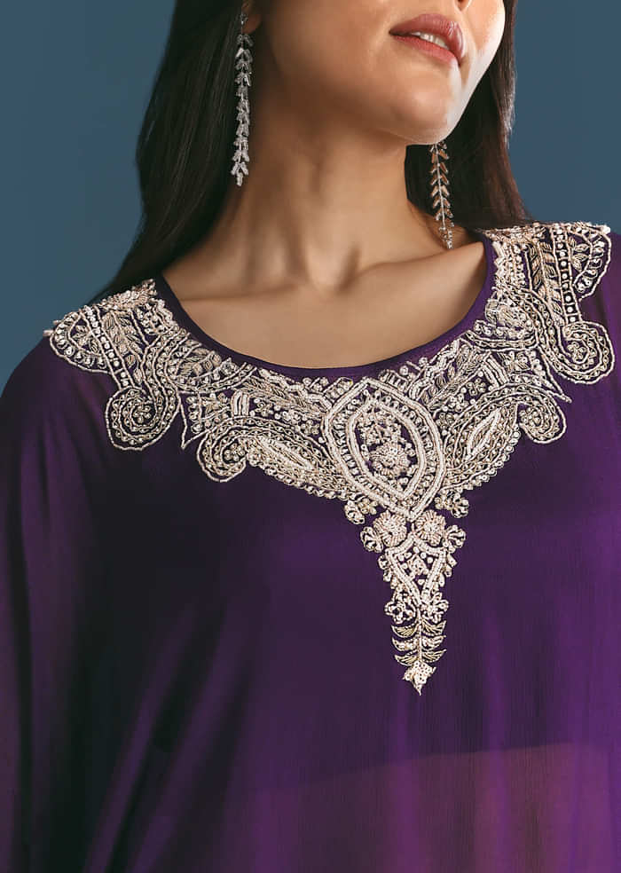 Purple Chinon Embroidered Cape Suit