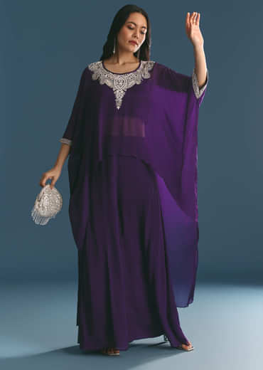 Purple Chinon Embroidered Cape Suit