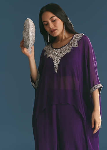 Purple Chinon Embroidered Cape Suit