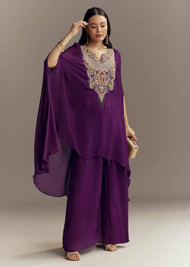 Purple Chinon Indo Western Top And Palazzo Set With Zardosi Work