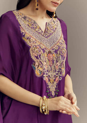 Purple Chinon Indo Western Top And Palazzo Set With Zardosi Work