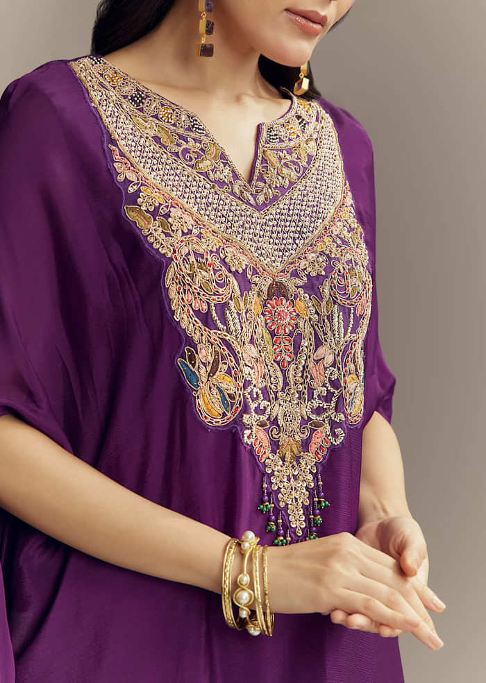 Purple Chinon Indo Western Top And Palazzo Set With Zardosi Work