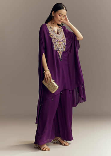 Purple Chinon Indo Western Top And Palazzo Set With Zardosi Work