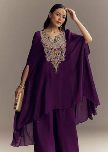 Purple Chinon Indo Western Top And Palazzo Set With Zardosi Work