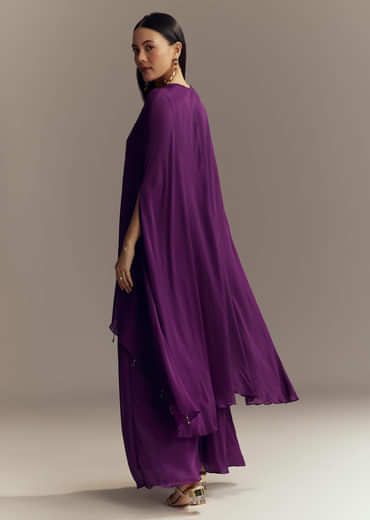 Purple Chinon Indo Western Top And Palazzo Set With Zardosi Work