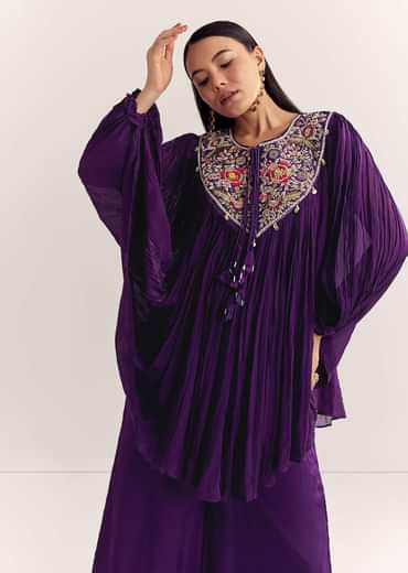 Purple Chinon Kaftan Kurta Set With Zardosi And Thread Work