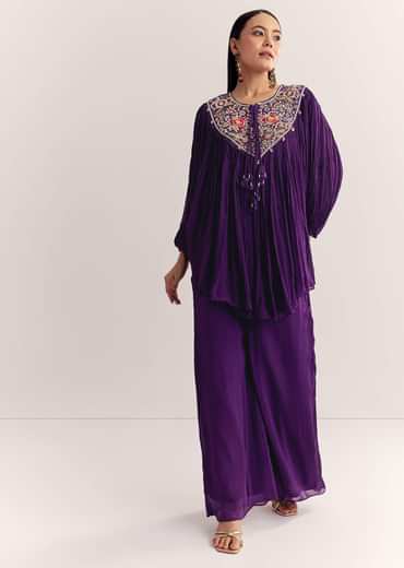 Purple Chinon Kaftan Kurta Set With Zardosi And Thread Work