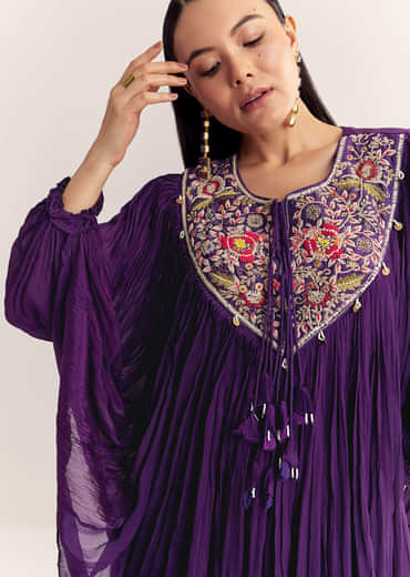 Purple Chinon Kaftan Kurta Set With Zardosi And Thread Work
