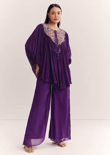 Purple Chinon Kaftan Kurta Set With Zardosi And Thread Work