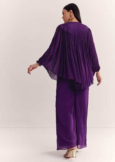 Purple Chinon Kaftan Kurta Set With Zardosi And Thread Work