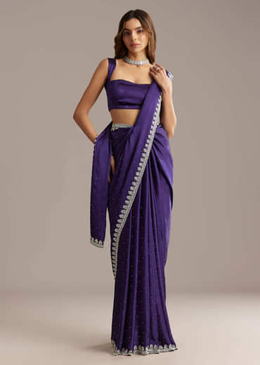 Purple Chinon Saree With Cutdana And Stone Embroidery
