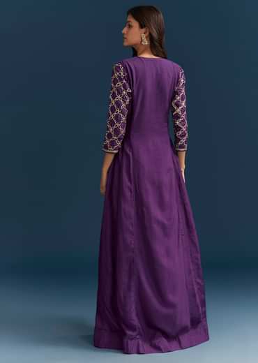 Purple Dola Silk Anarkali Suit With Gotta And Beaded Embroidery