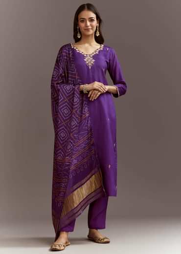 Purple Dola Silk Kurta Set With Bandhani Satin Dupatta
