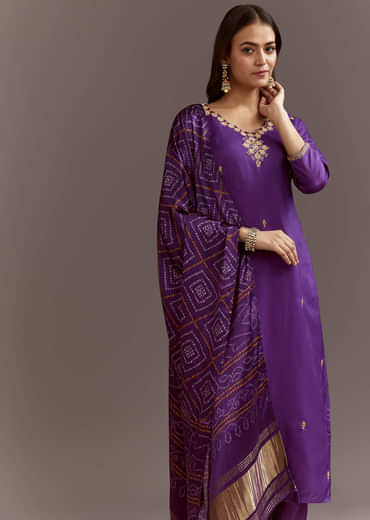 Purple Dola Silk Kurta Set With Bandhani Satin Dupatta