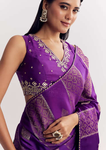 Purple Dola Silk Saree With Gota Patti Motif And Embroidered Blouse