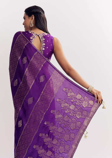 Purple Dola Silk Saree With Gota Patti Motif And Embroidered Blouse