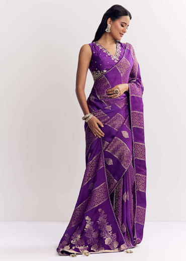Purple Dola Silk Saree With Gota Patti Motif And Embroidered Blouse