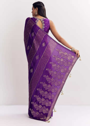 Purple Dola Silk Saree With Gota Patti Motif And Embroidered Blouse