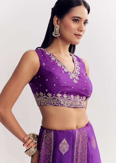 Purple Dola Silk Saree With Gota Patti Motif And Embroidered Blouse