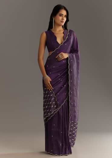 Purple Embroidered Crushed Tissue Saree With Cutdana And Sequins
