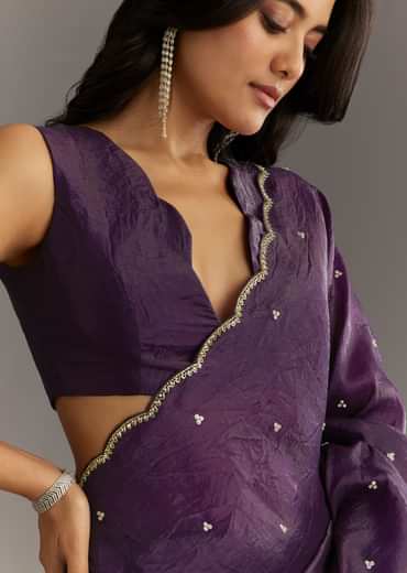 Purple Embroidered Crushed Tissue Saree With Cutdana And Sequins
